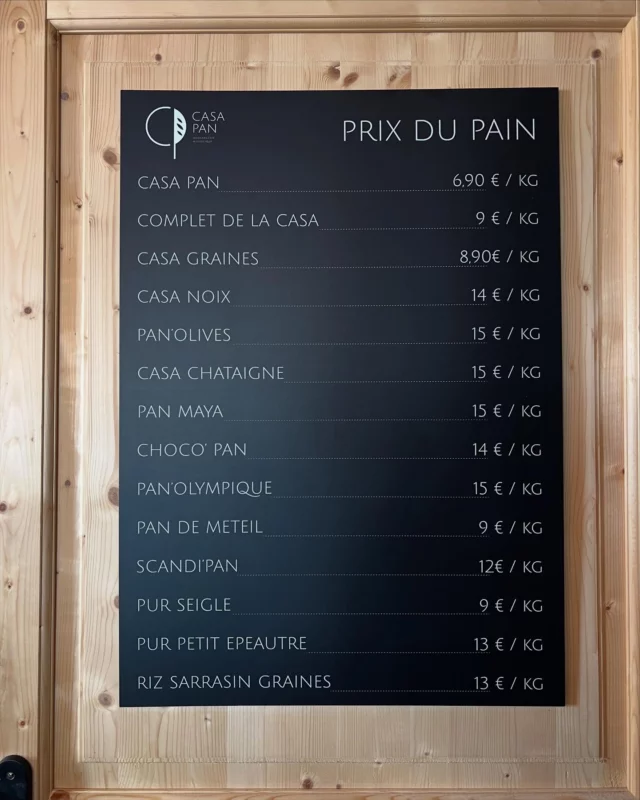 Panneau de prix réalisé pour la boulangerie Casa Pan