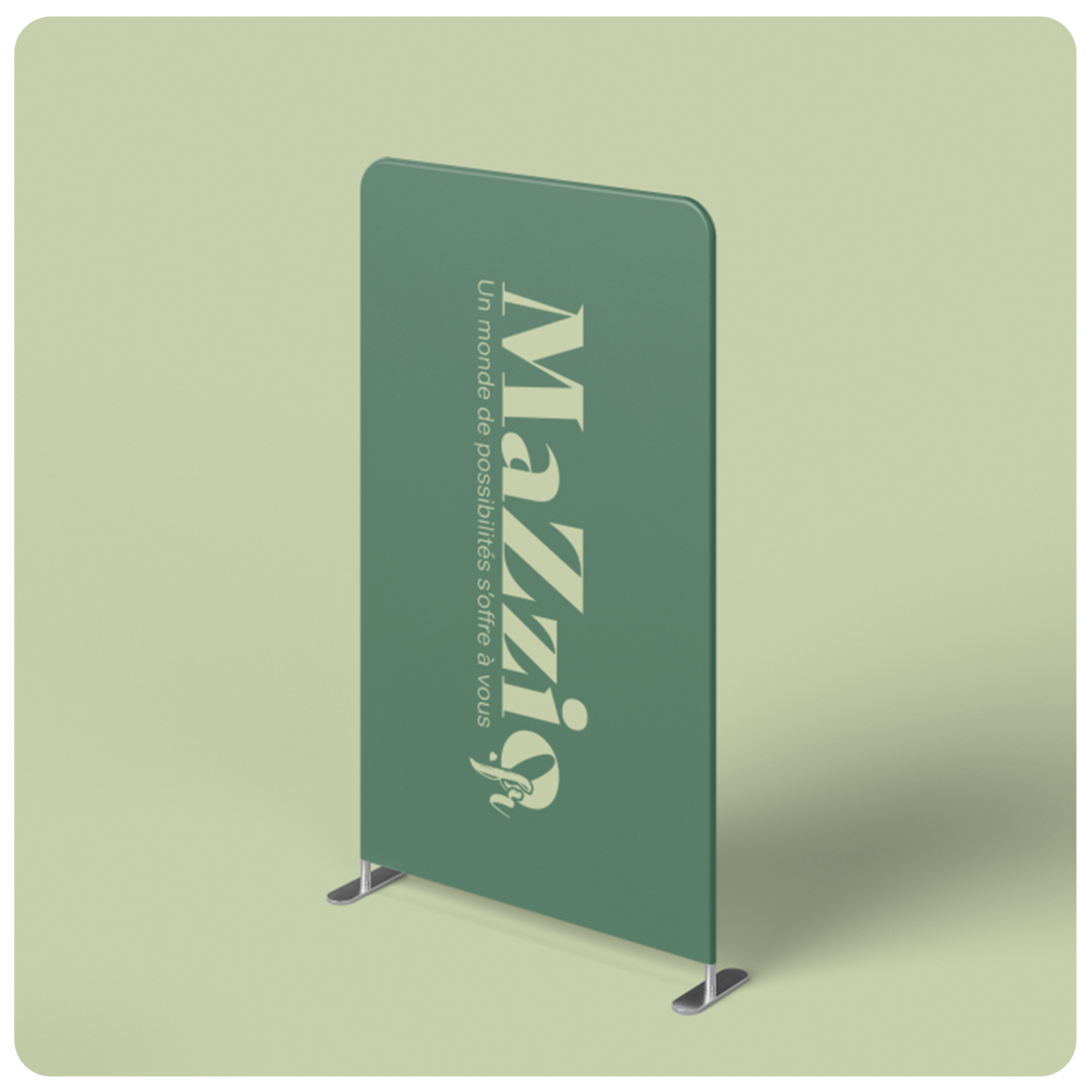 Mockup d'un tissu tendu dans un cadre avec comme visuel le site mazzio.fr